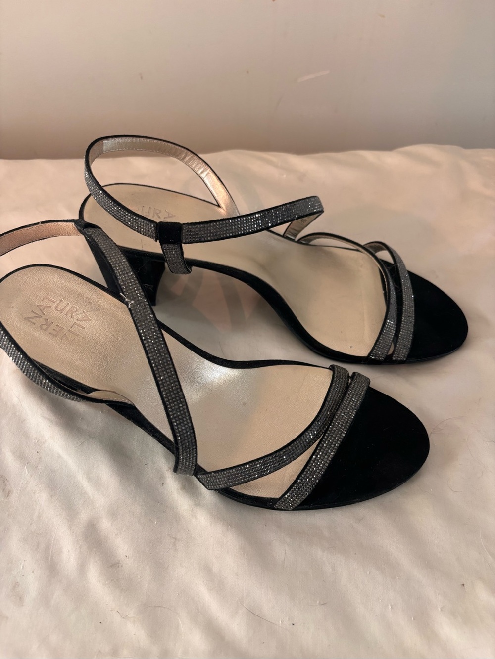 Naturalizer Black Open-Toe Heels with Silver Sparkle Straps 12 medium